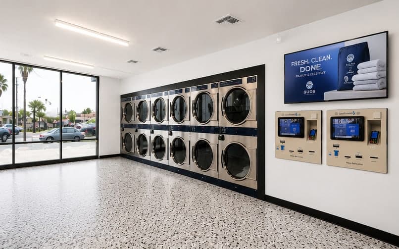 Rows of commercial dryers in a laundromat