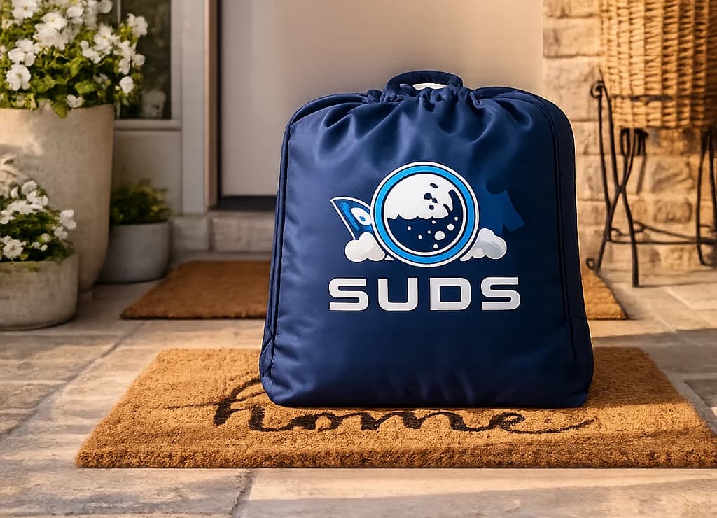 A navy Suds laundry bag waiting on a front-porch doormat, ready for pickup